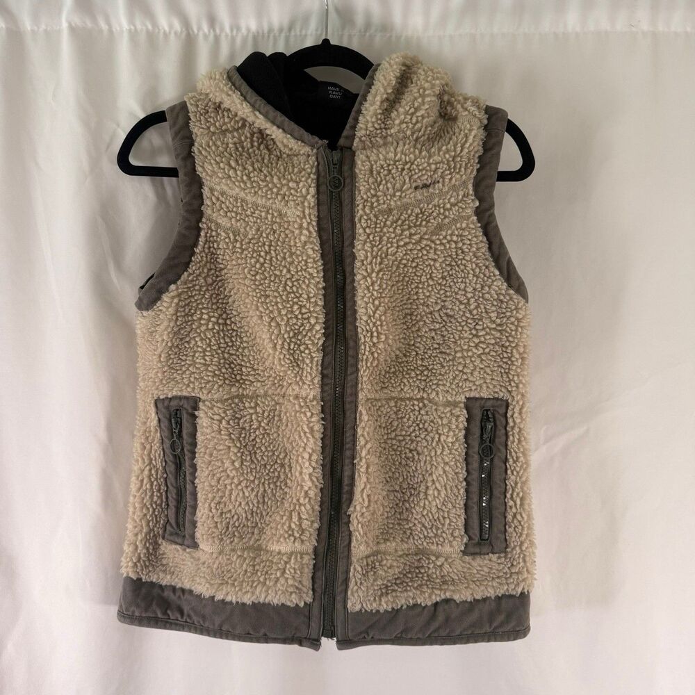 KAVU Sherpa Vest Women's Small Hooded Cream Green Full Zip Pockets Fleece Lined